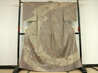 平和屋着物▽訪問着　単衣　紬地　辻が花　手描き　正絹　逸品　AABK2112jh