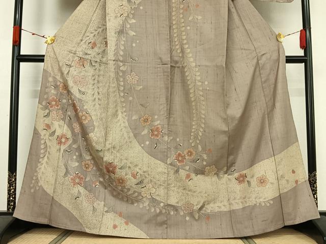 平和屋着物▽訪問着　単衣　紬地　辻が花　手描き　正絹　逸品　AABK2112jh