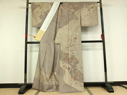 平和屋着物▽訪問着　単衣　紬地　辻が花　手描き　正絹　逸品　AABK2112jh