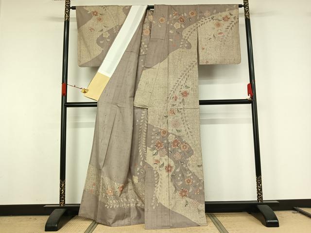 平和屋着物▽訪問着　単衣　紬地　辻が花　手描き　正絹　逸品　AABK2112jh