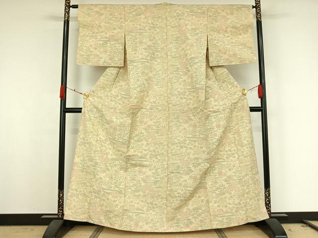 平和屋着物▽上質な紬　単衣　風景花文　正絹　逸品　AABK2113jh