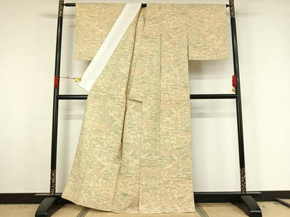 平和屋着物▽上質な紬　単衣　風景花文　正絹　逸品　AABK2113jh