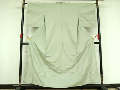 平和屋着物▽訪問着　紬　単衣　めがね織　横段文　正絹　逸品　AABK2114jh