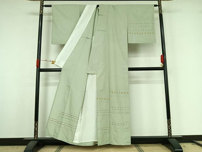 平和屋着物▽訪問着　紬　単衣　めがね織　横段文　正絹　逸品　AABK2114jh
