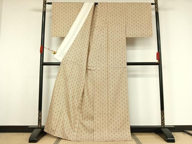 平和屋着物▽上質な紬　単衣　麻の葉文様　正絹　逸品　AABK2115jh