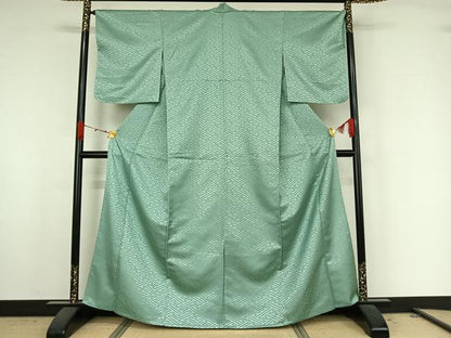 平和屋着物▽色無地　単衣　紗綾形地紋　薄青色　洗える着物　AABK2116jh