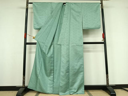 平和屋着物▽色無地　単衣　紗綾形地紋　薄青色　洗える着物　AABK2116jh
