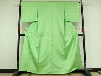 平和屋着物▽色無地　単衣　青海波花地紋　若緑色　洗える着物　AABK2117jh