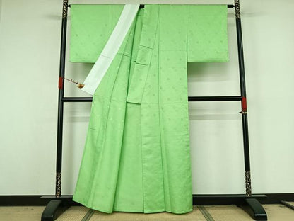 平和屋着物▽色無地　単衣　青海波花地紋　若緑色　洗える着物　AABK2117jh