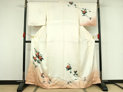 平和屋着物▽訪問着　単衣　作家物　手描き　枝花文　暈し染め　金彩　正絹　逸品　AABK2118jh