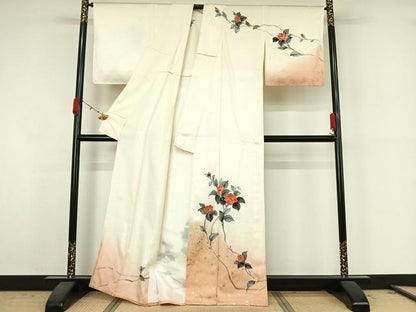 平和屋着物▽訪問着　単衣　作家物　手描き　枝花文　暈し染め　金彩　正絹　逸品　AABK2118jh