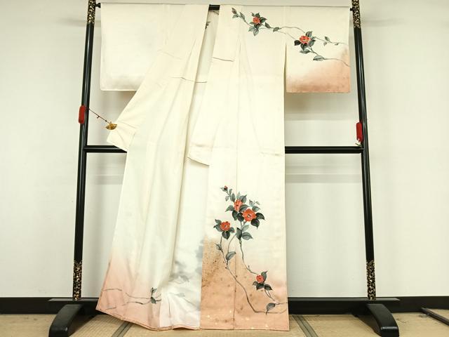 平和屋着物▽訪問着　単衣　作家物　手描き　枝花文　暈し染め　金彩　正絹　逸品　AABK2118jh