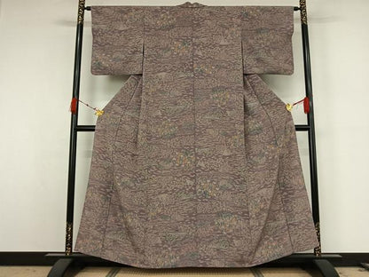平和屋着物▽上質な小紋　単衣　風景流水花文　正絹　逸品　AABK2119jh