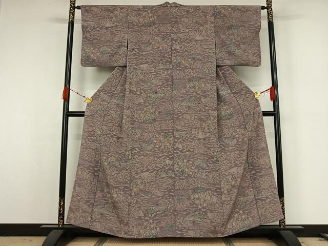 平和屋着物▽上質な小紋　単衣　風景流水花文　正絹　逸品　AABK2119jh