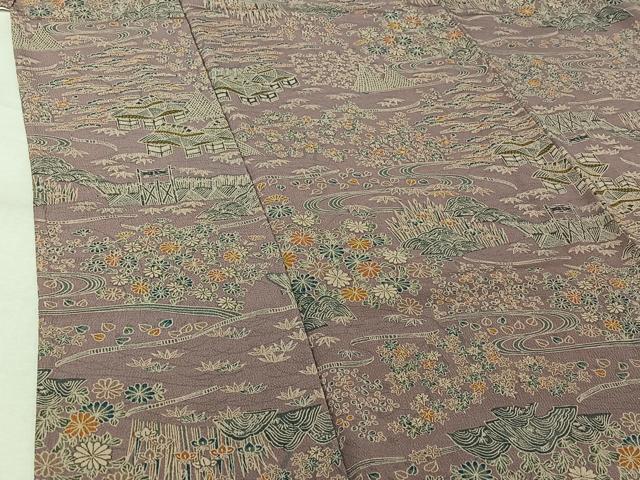 平和屋着物▽上質な小紋　単衣　風景流水花文　正絹　逸品　AABK2119jh