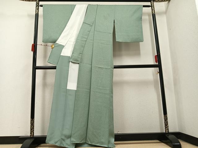 平和屋着物●京加賀友禅　百貫達雄監修　色無地　霞地紋　山葵色　丹後ちりめん　証紙・反端付き　正絹　逸品　AABK2124ph