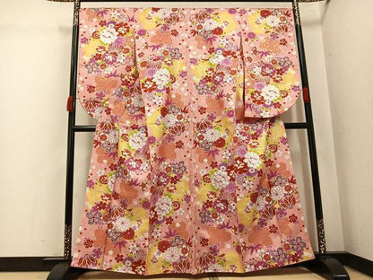 平和屋着物●小振袖　二尺袖　草花文　暈し染め　金彩　洗える着物　AABK2134ph