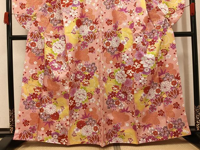 平和屋着物●小振袖　二尺袖　草花文　暈し染め　金彩　洗える着物　AABK2134ph
