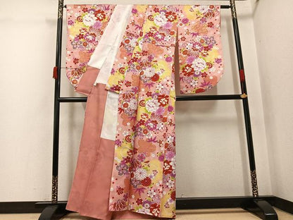 平和屋着物●小振袖　二尺袖　草花文　暈し染め　金彩　洗える着物　AABK2134ph