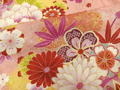 平和屋着物●小振袖　二尺袖　草花文　暈し染め　金彩　洗える着物　AABK2134ph