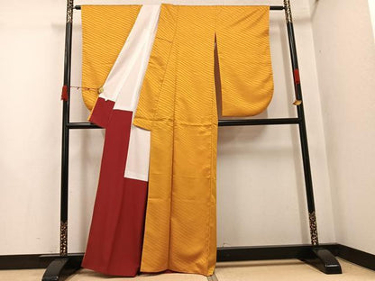 平和屋着物●小振袖　二尺袖　色無地　斜縞地紋　黄朽葉色　洗える着物　AABK2139ph
