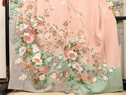平和屋着物●豪華振袖　友禅　枝花文　暈し染め　正絹　逸品　AABK2149ph