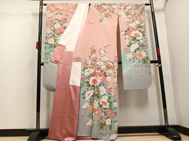 平和屋着物●豪華振袖　友禅　枝花文　暈し染め　正絹　逸品　AABK2149ph