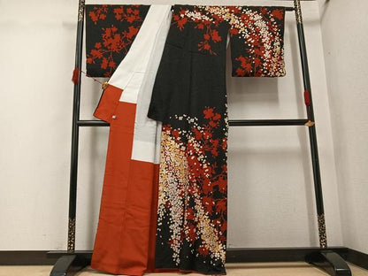 平和屋着物●訪問着　枝花文　黒地　金彩　銀通し地　正絹　逸品　AABK2153ph