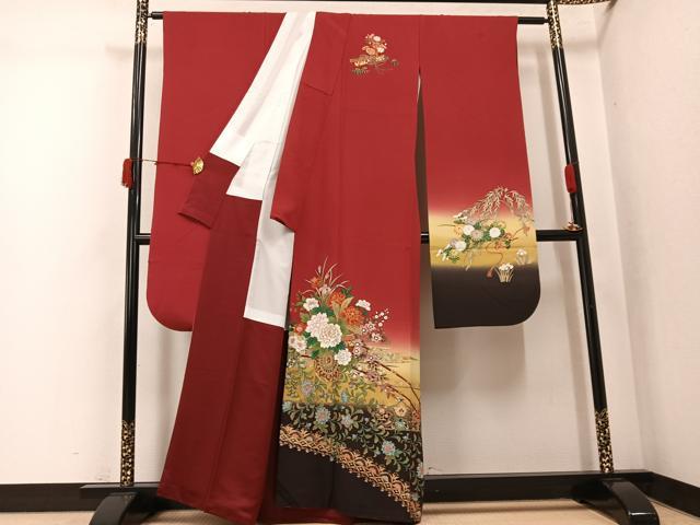 平和屋着物●豪華振袖　駒刺繍　花車文　暈し染め　金彩　正絹　逸品　AABK2162ph