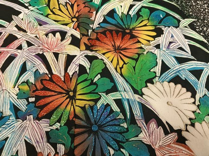 平和屋着物●訪問着　刺繍　ろうけつ染め　草花文　黒地　金彩　正絹　逸品　AABK2165ph