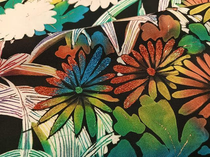 平和屋着物●訪問着　刺繍　ろうけつ染め　草花文　黒地　金彩　正絹　逸品　AABK2165ph