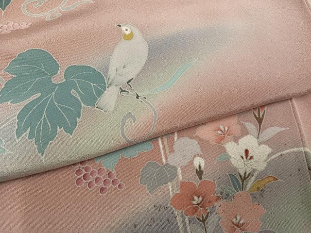 平和屋着物●訪問着　友禅　花鳥葡萄蔦の葉文　暈し染め　正絹　逸品　未使用　AABK2170ph