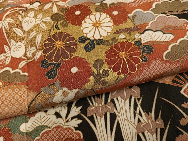平和屋着物●豪華黒留袖　駒刺繍　地紙草花文　金彩　正絹　逸品　AABK2183ph