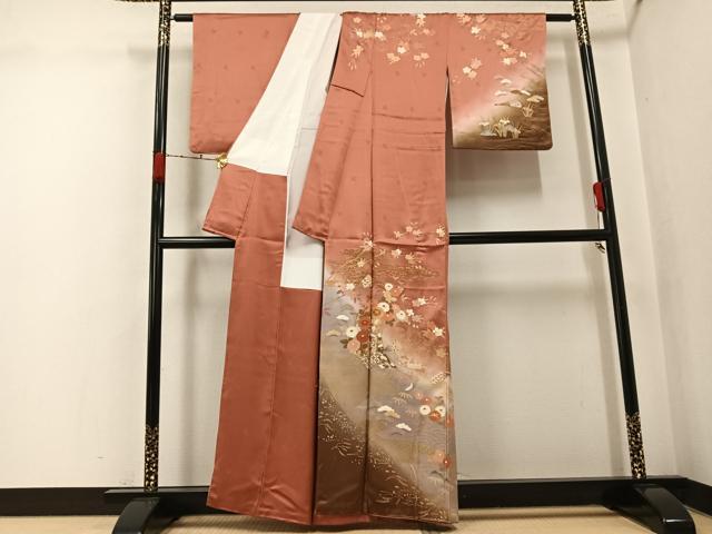 平和屋着物●訪問着　駒刺繍　舞扇草花文　暈し染め　金銀彩　正絹　逸品　AABK2184ph