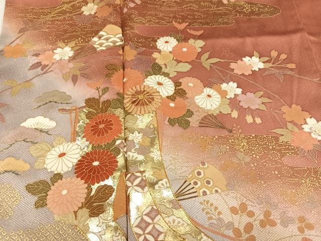 平和屋着物●訪問着　駒刺繍　舞扇草花文　暈し染め　金銀彩　正絹　逸品　AABK2184ph