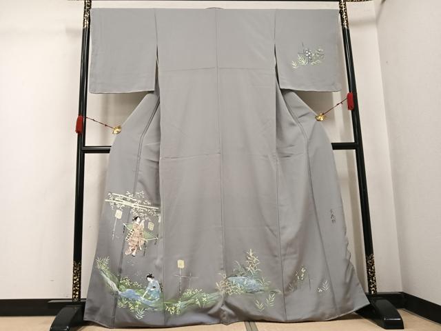 平和屋着物●訪問着　作家物　手描き　女人草花文　暈し染め　正絹　逸品　未使用　AABK2212ph