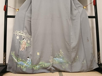 平和屋着物●訪問着　作家物　手描き　女人草花文　暈し染め　正絹　逸品　未使用　AABK2212ph