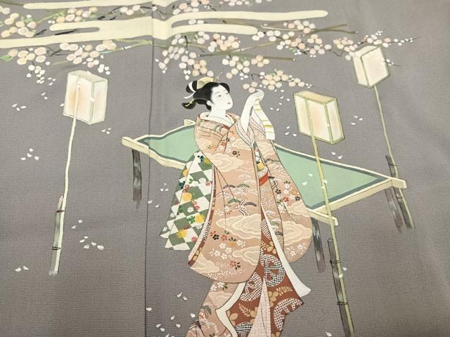 平和屋着物●訪問着　作家物　手描き　女人草花文　暈し染め　正絹　逸品　未使用　AABK2212ph