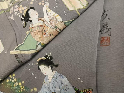 平和屋着物●訪問着　作家物　手描き　女人草花文　暈し染め　正絹　逸品　未使用　AABK2212ph