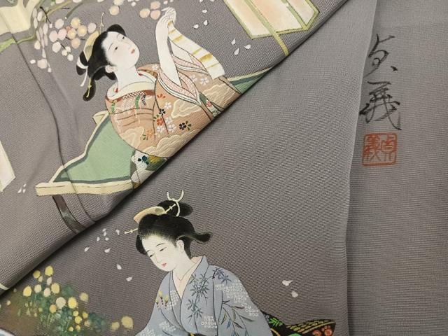 平和屋着物●訪問着　作家物　手描き　女人草花文　暈し染め　正絹　逸品　未使用　AABK2212ph