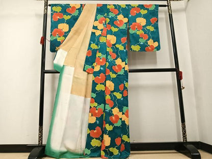 平和屋着物▼上質な小紋　地紋起こし　蔦の葉文　暈し染め　正絹　逸品　未使用　AABK2213ph