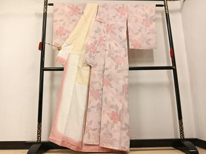 平和屋着物▼上質な小紋　地紋起こし　草花文　正絹　逸品　AABK2215ph