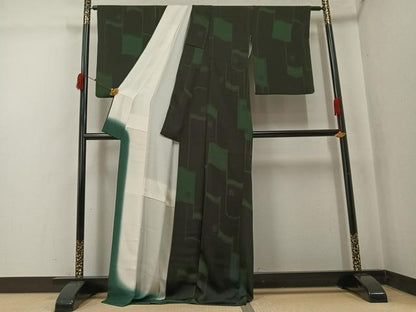 平和屋着物●上質な小紋　幾何学文様　黒地　ロング丈　正絹　逸品　AABK2223ph