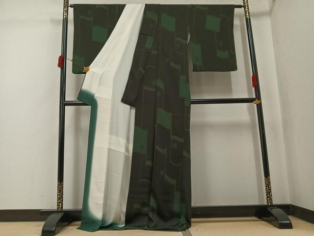 平和屋着物●上質な小紋　幾何学文様　黒地　ロング丈　正絹　逸品　AABK2223ph