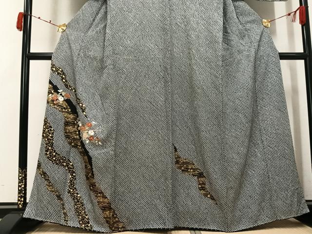 平和屋着物●訪問着　絞り　刺繍　草花文　黒地　金彩　正絹　逸品　未使用　AABK2228ph