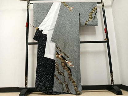 平和屋着物●訪問着　絞り　刺繍　草花文　黒地　金彩　正絹　逸品　未使用　AABK2228ph