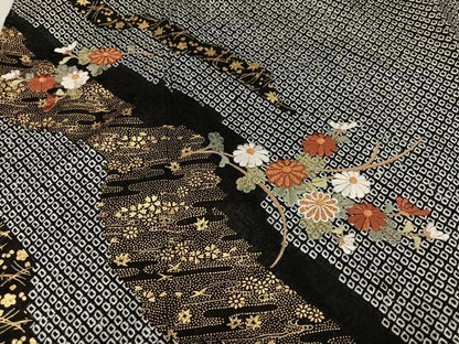 平和屋着物●訪問着　絞り　刺繍　草花文　黒地　金彩　正絹　逸品　未使用　AABK2228ph