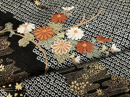 平和屋着物●訪問着　絞り　刺繍　草花文　黒地　金彩　正絹　逸品　未使用　AABK2228ph