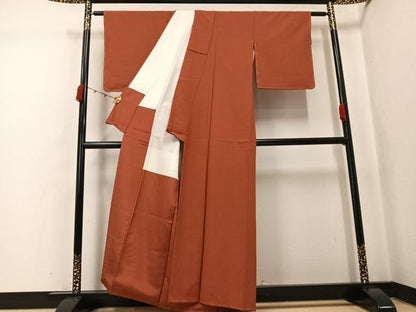 平和屋着物●上質な紬　色無地　赤茶色　正絹　逸品　未使用　AABK2232ph