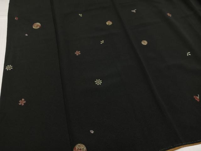 平和屋着物●上質な小紋　総刺繍　鈴　花　黒地　金糸　正絹　逸品　AABK2237ph